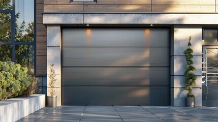 Wall Mural - garage door designed with a modern, metallic finish that mimics the look of brushed aluminum or stai