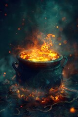 Canvas Print - Bubbling Witch's Cauldron with Swirling Smoke,Mystical Ritual Ingredients,and Gnarled Hands in Cinematic Dark Fantasy