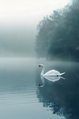 Wall Mural - Lone Swan Serenely Floating on a Misty Lake in a Lush Forested Landscape with Ethereal Movements