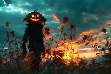 Canvas Print - Lonely Scarecrow Silhouetted Against Vibrant Autumn Sunset with Pumpkin Head and Colorful Foliage