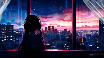 Wall Mural - A girl listening music with headphones in a room at night. Seamless loop video background