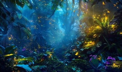 Wall Mural - Mystical Rainforest Magical creatures glowing in a dense, vibrant rainforest