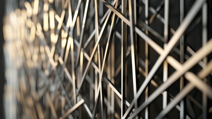 Wall Mural - modular fence with thin metal rods arranged in a random, intersecting pattern, creating an abstract 