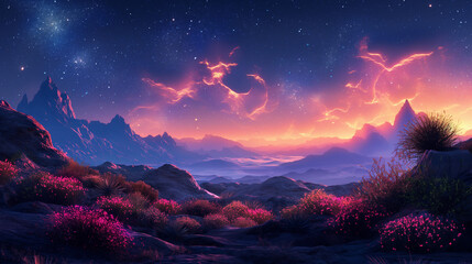 Sticker - plants in the foreground with mountains in the midground and night sky with stars in the background, hyperrealistic, bright colors.