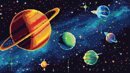 Wall Mural - pixelated space scene with planets and stars