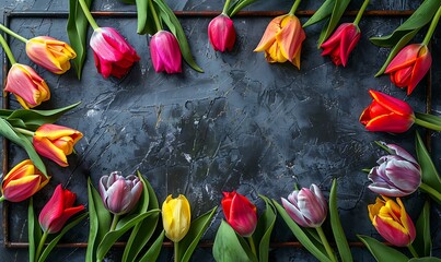 Wall Mural - Vibrant Bloom Frame A rectangular frame of colorful tulips on a dark, textured background