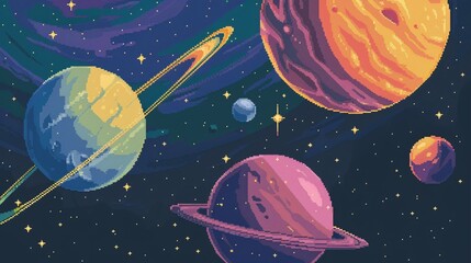 Wall Mural - pixelated space landscape with planets and stars