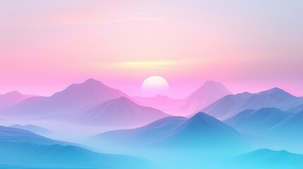 Wall Mural - A mountain range with a pink and blue sky and a sun in the sky