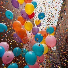 Vibrant colored balloons and confetti filling the air Generative AI 