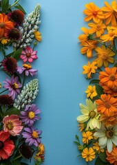 Sticker - Vibrant seasonal flower arrangement with diverse colorful blooms on light blue background, perfect for decorative and design inspiration