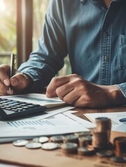 Businessman calculating income and return on investment. Concepts of interest rate, dividend, income, compensation, retirement funds, investments, dividend tax, and stock markets. 