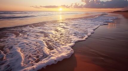 Wall Mural - Sunset over water waves crash on sandy coastline generated. 