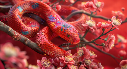 Wall Mural - A red snake with colorful scales coiled around plum blossoms, surrounded by blooming flowers.