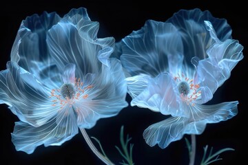 Wall Mural - Delicate cornflower flowers appear to be made from gossamer-like materials, softly lit to give a luminous glow. Their intricate petals and flowing structure enchant against the dark.