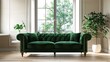 © naphat - Elegant living room with dark green sofa Medium-sized living room, beige walls, large windows, wooden floors, indoor plants, classic decoration, clear lighting.