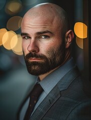 Wall Mural - an attractive bald and beard man wearing suit professional portrait profile picture