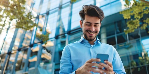 Wall Mural - young male holding a phone with skyscraper business background