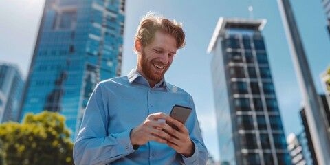 Sticker - young male holding a phone with skyscraper business background