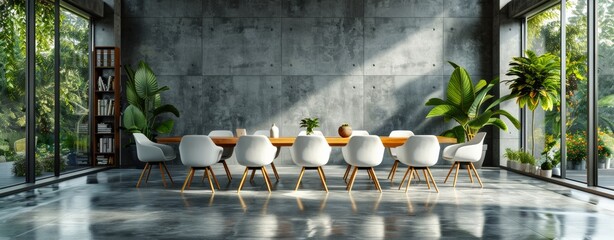 Wall Mural - A row of chic white chairs lines up against a sleek grey wall background, embodying the minimalist and contemporary trend in interior design.