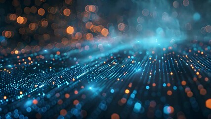 Leinwandbilder - An abstract image featuring a blue and orange lightscape, with a textured, wavy surface and bokeh effects.