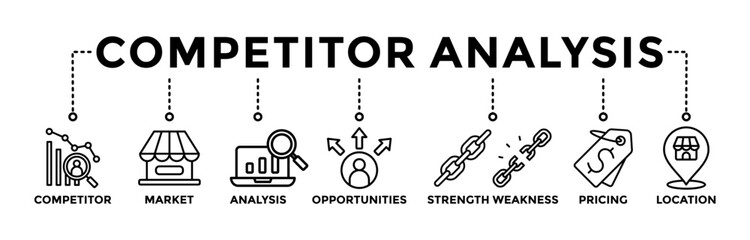 Competitor analysis banner web icon with black outline icon of competitor, market, analysis, opportunities, strength weakness, pricing, and location