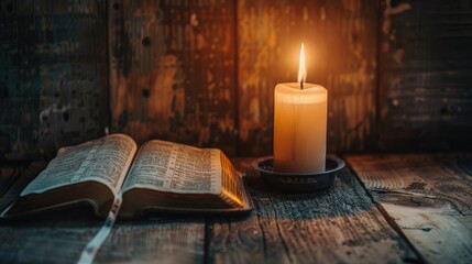 Wall Mural - Candlelight Illuminates Open Book on Rustic Wooden Table