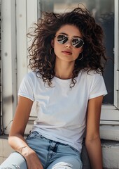 A stylish beautiful woman with curly hair wearing sunglasses, a white t-shirt, and light blue jeans, sitting casually with a confident pose. The photo is taken in bright daylight in an urban setting,