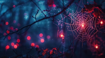 A spider web is illuminated by a light, creating a dreamy