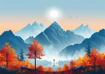 Wall Mural - Scenic autumn mountain landscape with vibrant red and orange trees at sunrise in the valley, misty blue peaks, and flying birds