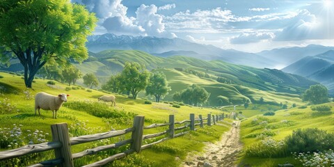 Wall Mural - A peaceful countryside scene with rolling hills, grazing sheep, and a rustic wooden fence