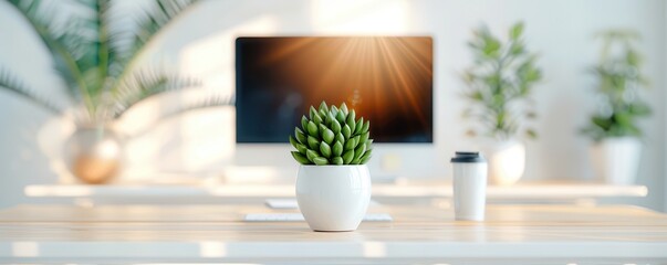 Wall Mural - Green Plant on a White Desk.