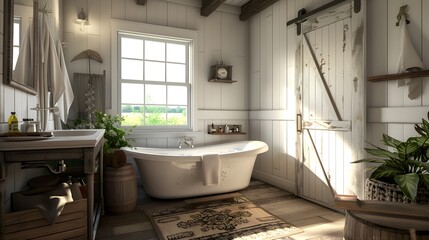 Farmhouse Bathroom: Description: Rustic and charming with a cozy, lived-in feel. Details: Incorporates elements like shiplap walls, barn doors, and farmhouse sinks. Often uses natural materials like w