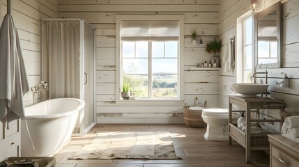 Farmhouse Bathroom: Description: Rustic and charming with a cozy, lived-in feel. Details: Incorporates elements like shiplap walls, barn doors, and farmhouse sinks. Often uses natural materials like w