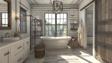 Farmhouse Bathroom: Description: Rustic and charming with a cozy, lived-in feel. Details: Incorporates elements like shiplap walls, barn doors, and farmhouse sinks. Often uses natural materials like w