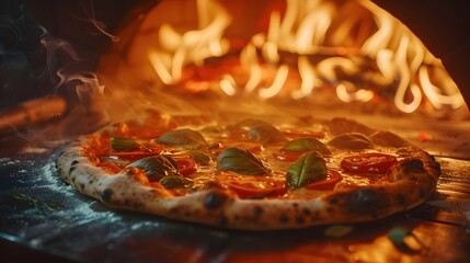 Delicious pizza in the oven. 