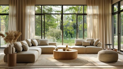A living room with a large window and a tan couch