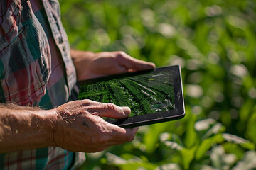 Close-up of a farmers hands holding a tablet in a smart farming setup