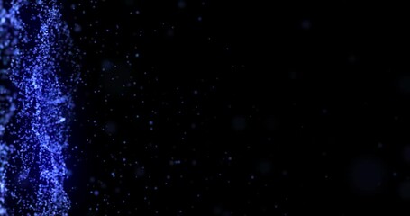 Leinwandbilder - Animation, data stream and space with blue particles on black background for communication. Digital network, future and graphic with cloud computing or information technology flow in dark cyberspace
