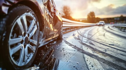 Close-up of a damaged car after an accident on a wet road at sunset, highlighting the dangerous aftermath of a crash.