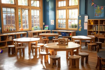 Wall Mural - Wooden Tables and Stools in a Sunny Classroom