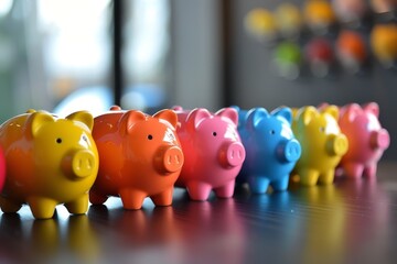 A row of piggy banks labeled with different investment goals, symbolizing diversified funding investment strategies for financial growth