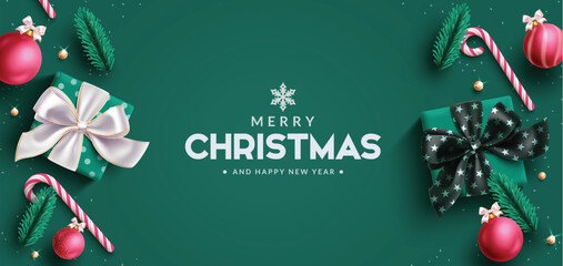Wall Mural - Merry christmas greeting vector background design. Christmas greeting text with gift box, xmas  balls, spruce leaves and candy cane elements  in green background. Vector illustration season holiday 