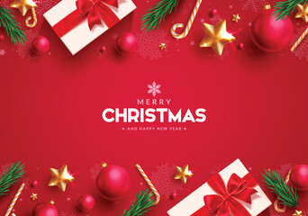 Wall Mural - Christmas greetings vector background design. Merry christmas greeting text in red background with gift box, spruce, xmas balls, gold stars and candy cane for holiday season. Vector illustration 
