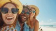 © Preecha - Ultra-sharp photograph of young adults enjoying togetherness on a beach vacation, laughing and embracing under clear skies