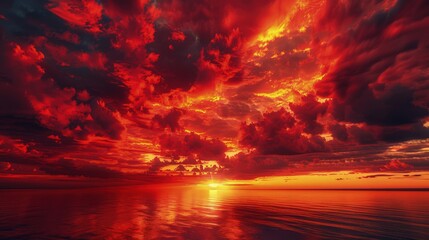 Wall Mural - Fiery red and orange clouds at sunset, casting their warm hues over a peaceful sea, creating a moment of tranquility and beauty.
