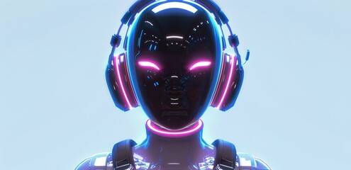 Wall Mural - White Robot Wearing Headphones With Pink Glow Against a Pink Background