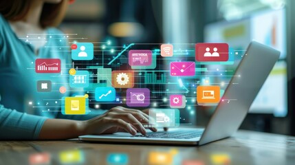 Wall Mural - Digital Marketing Technology Solution for Online Business conceptual - Graphic interface showing analytic diagram of online market promotion strategy on digital advertising platform via social media. 