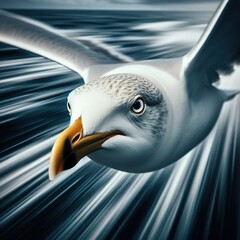 Wall Mural - High-speed photography of a seagull flying fast, motion blur and a fast shutter speed