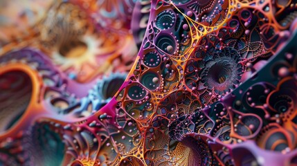 A side view of a mesmerizing nanotechnology structure intertwining with surreal elements