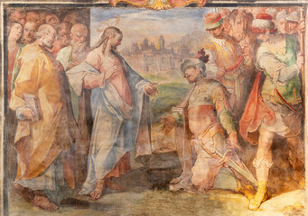 Canvas Print - PERUGIA, ITALY - MAY 18, 2024: The fresco of Jesus Heals a Centurions Servant in the church Basilica di San Pietro by Giovanni Battista Lombardelli (1530 - 1587).